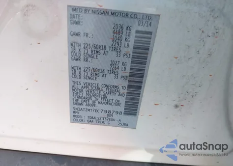 2014 Nissan Rogue Sl z USA, uszkodzony, nr VIN 5N1AT2MT7EC798798